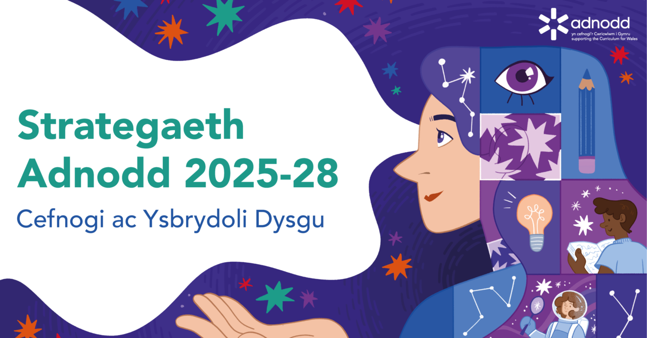 Darlun yn hyrwyddo Strategaeth Adnodd 2025–28. Wyneb person gyda sêr, cytserau ac arwyddion dysgu o’u cwmpas, gan gynnwys llyfrau, pensil, bwlb golau a phobl yn astudio. Mae’r testun yn darllen: “Strategaeth Adnodd 2025–28 – Cefnogi ac Ysbrydoli Dysgu.” Illustration promoting the Adnodd Strategy 2025–28. A person’s face is shown with stars, constellations, and symbols of learning around them, including books, a pencil, lightbulb, and people studying. The text reads: “Adnodd Strategy 2025–28 – Supporting and Inspiring Learning.”