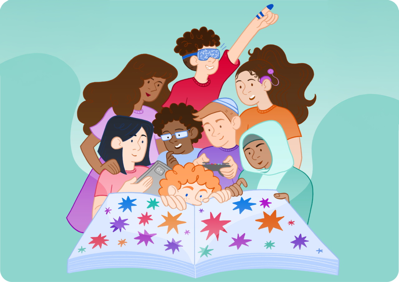 Diverse group of children gathered around an open book filled with colourful stars, with one child in VR goggles reaching upward enthusiastically. Grŵp amrywiol o blant wedi ymgynnull o amgylch llyfr agored yn llawn sêr lliwgar, gydag un plentyn mewn gogls VR yn estyn i fyny yn frwdfrydig.