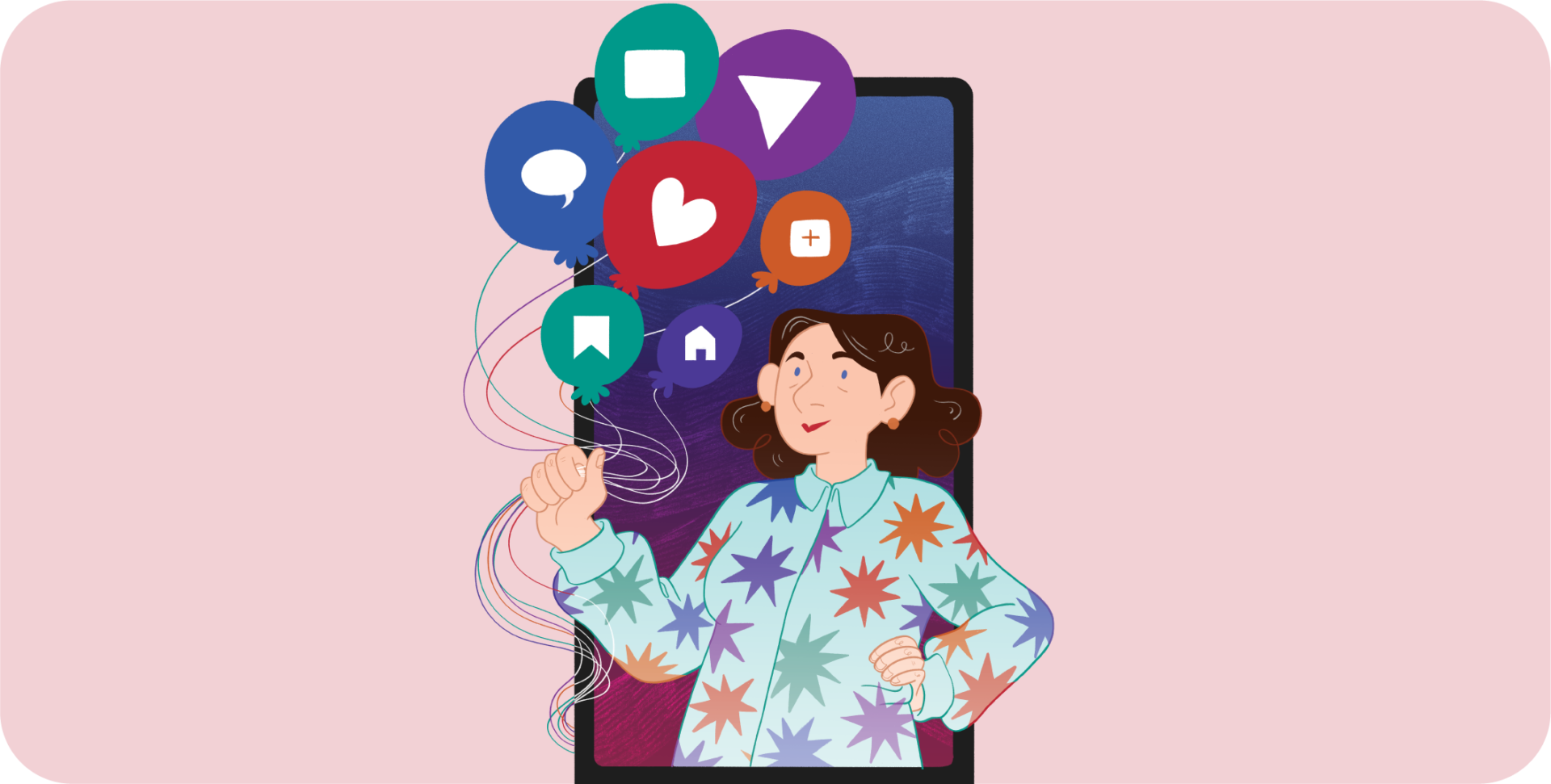 Illustration of a person standing in front of a giant smartphone screen, holding balloon strings with social media icons like a heart, speech bubble, bookmark and play symbol. The person is wearing a star-patterned shirt and looks confident. Darlun o berson yn sefyll o flaen sgrin fawr ffôn clyfar, yn dal llinynnau balŵn gyda symbolau cyfryngau cymdeithasol fel calon, swigen sgwrs, nod tudalen ac eicon chwarae. Mae’r person yn gwisgo crys gyda phatrwm sêr ac yn edrych yn hyderus.
