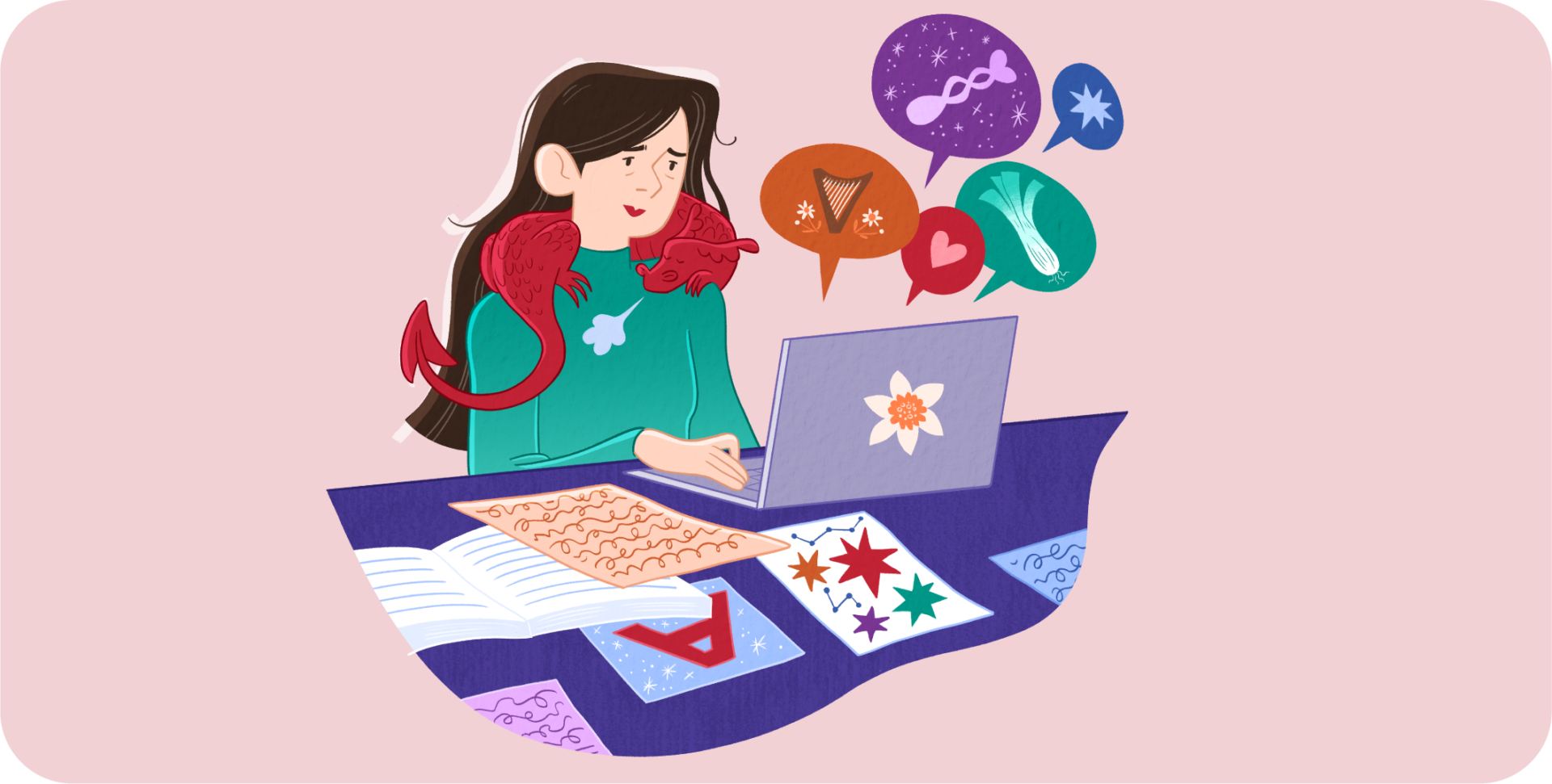 Illustration of a girl using a laptop with a daffodil sticker, surrounded by schoolwork and speech bubbles showing cultural and creative symbols. Two small red dragons sit on her shoulders as she works. Darlun o ferch yn defnyddio gliniadur gyda sticer cenhinen Bedr, wedi’i hamgylchynu gan waith ysgol a swigod sgwrs sy’n dangos symbolau diwylliannol a chreadigol. Mae dau ddraig goch fach yn eistedd ar ei hysgwyddau tra mae’n gweithio.