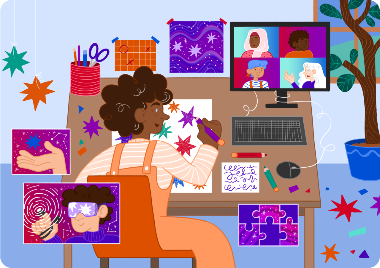 Illustration of a young woman working on a desk with four people on a video call. Surrounding her are images of people interacting with VR technology, stars and puzzles. Darlun o fenyw ifanc yn gweithio ar ddesg gyda phedwar o bobl ar alwad fideo. O'i chwmpas mae delweddau o bobl yn rhyngweithio â thechnoleg VR, sêr a phosau.