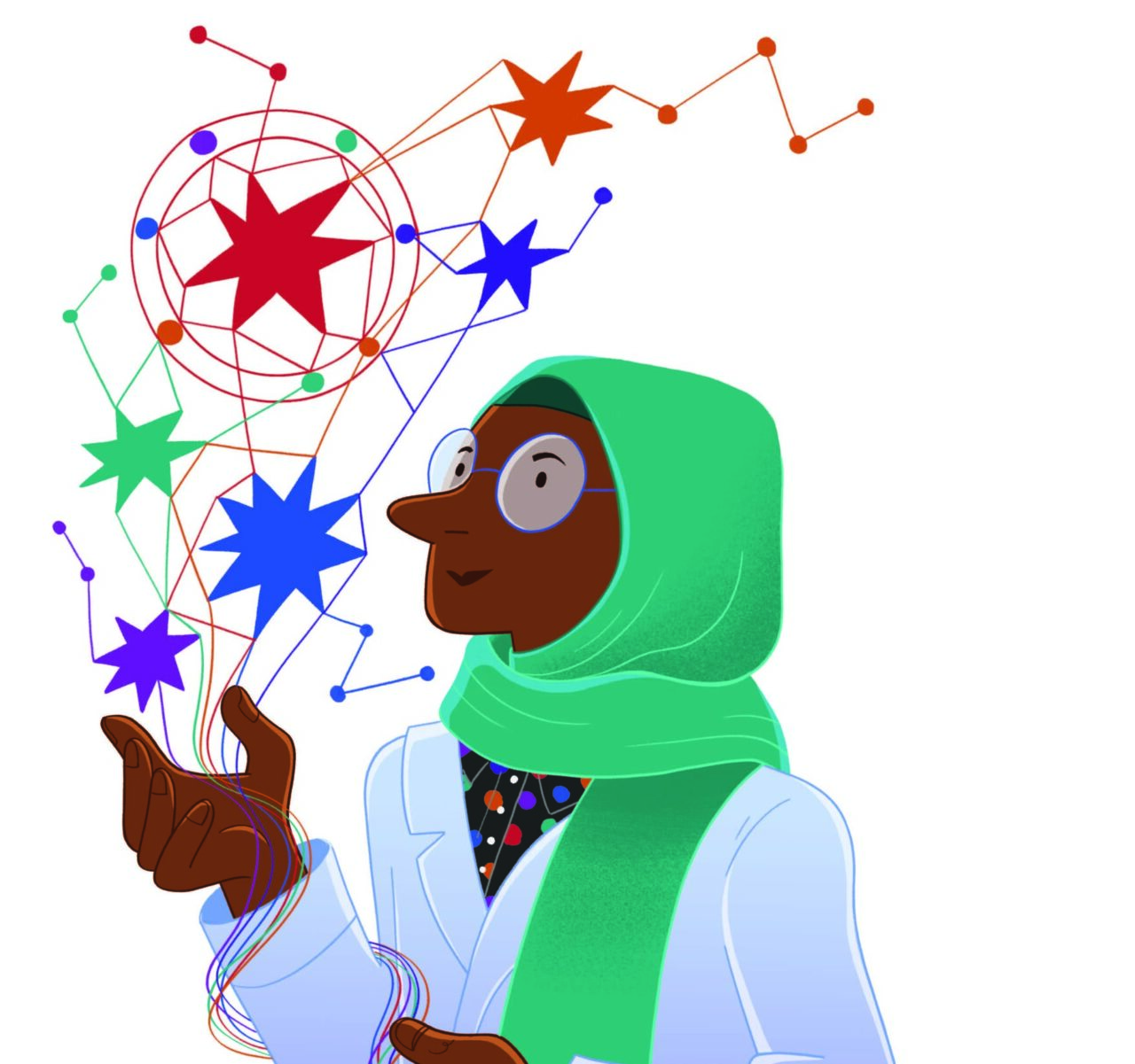 Illustration of a woman in a lab coat and headscarf, with glasses and a thoughtful expression. She is holding glowing lines and colourful stars, constellations and diagrams floating in the air. Darlun o fenyw mewn cot labordy ac yn gwisgo hijab, gyda sbectol a mynegiant myfyriol. Mae’n dal llinellau llachar gyda sêr lliwgar, cytserau a diagramau’n arnofio yn yr awyr.
