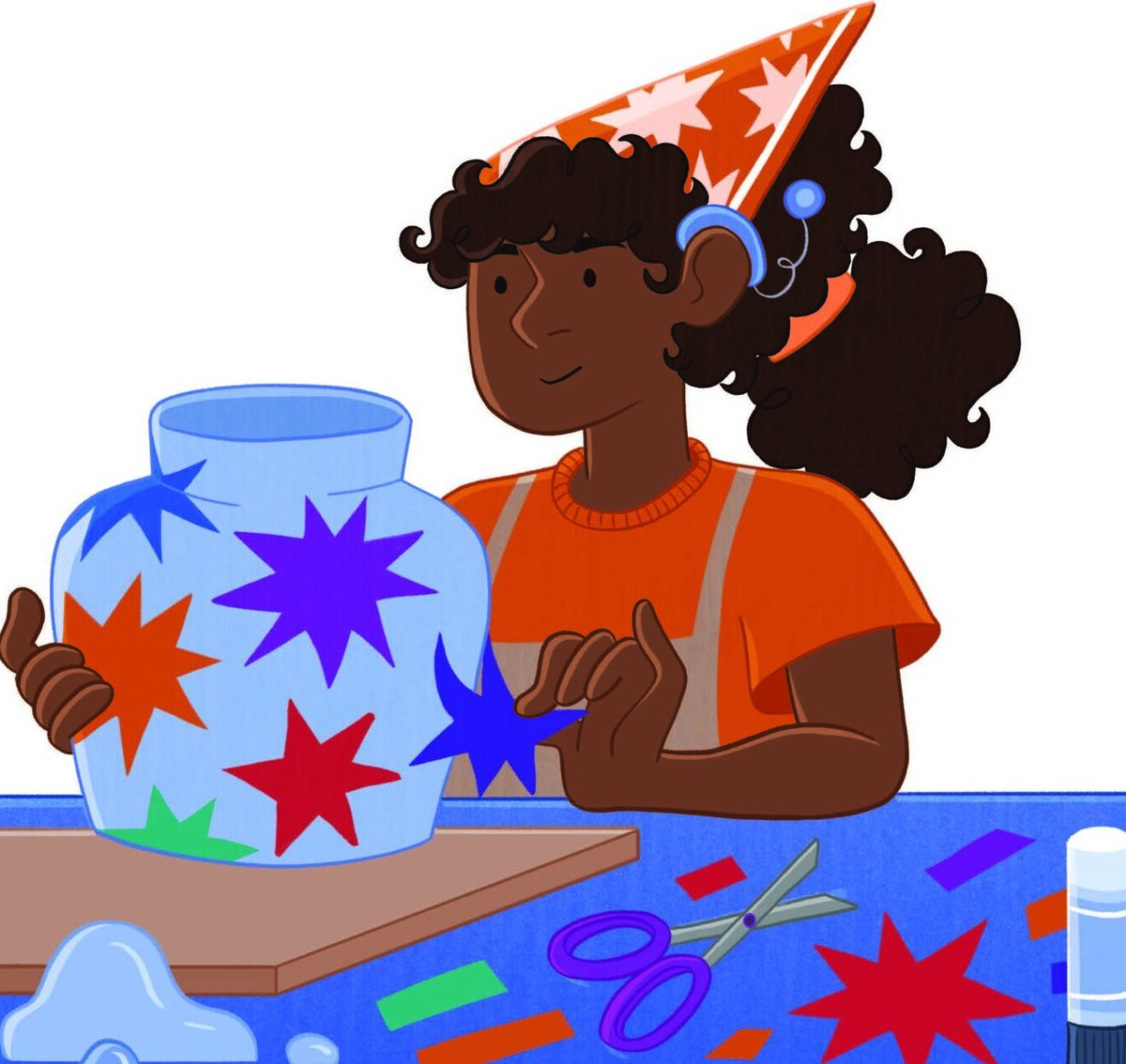 Illustration of a child wearing a party hat and decorating a large glass jar with colourful star shapes. The table is covered with craft materials like scissors, glue, pencils, paint, and other decorated jars. Darlun o blentyn yn gwisgo het parti ac yn addurno jar gwydr mawr gyda siapiau sêr lliwgar. Mae’r bwrdd yn llawn deunyddiau crefft fel siswrn, glud, pensiliau, paent a jariau addurnedig eraill.