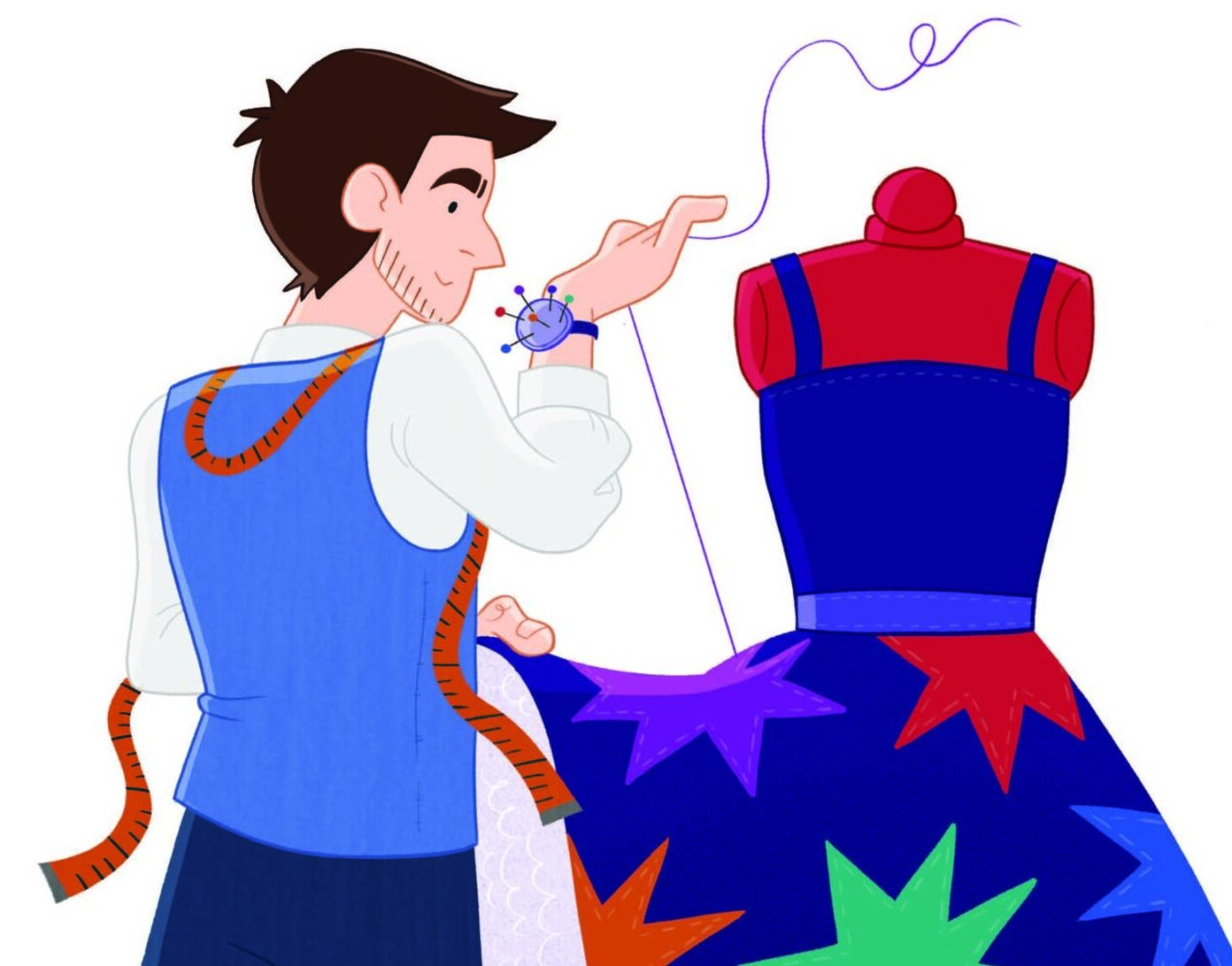 Illustration of a fashion designer sewing a colourful dress with star shapes on a mannequin. He wears a blue waistcoat, has a tape measure around his neck, and a pin cushion on his wrist. Darlun o ddylunydd ffasiwn yn gwnïo ffrog liwgar gyda siapiau sêr ar fodel dillad. Mae’n gwisgo gwasgod las, gyda thâp mesur o’i gwmpas a chlustog pins ar ei arddwrn.