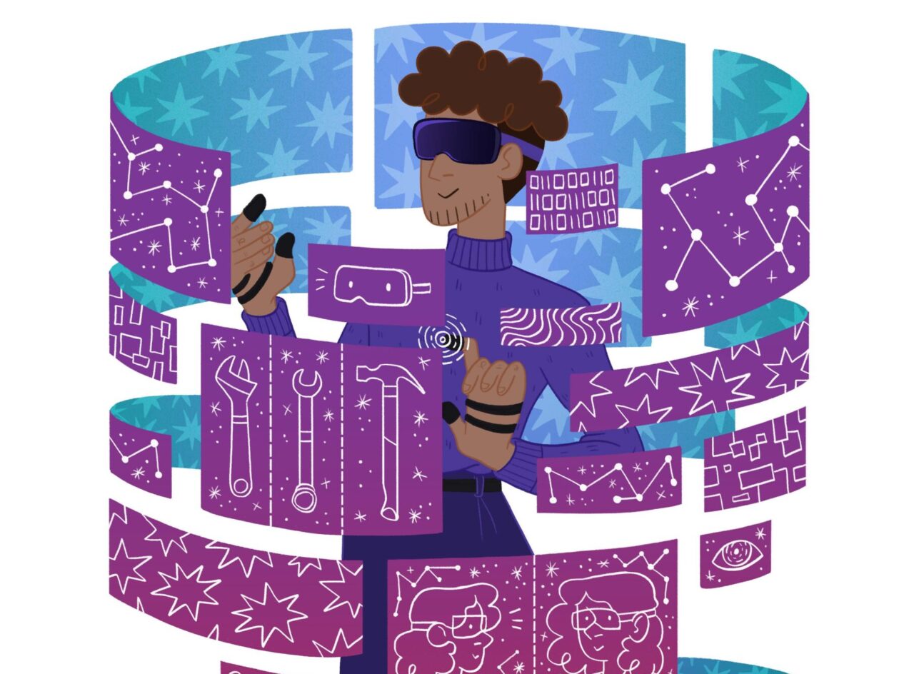 Illustration of a person wearing a virtual reality headset and gloves, surrounded by a spiral of floating screens. The screens show stars, tools, constellations, charts, and abstract symbols. Darlun o berson yn gwisgo clustffonau rhith-realiti a menig, wedi’i amgylchynu gan sŵril o sgriniau arnofiol. Mae’r sgriniau’n dangos sêr, offer, cytserau, siartiau ac arwyddion haniaethol.