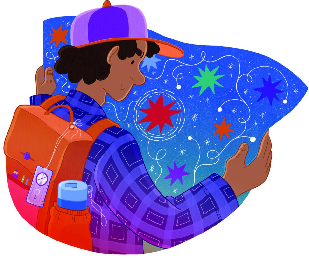 Illustration of a young person wearing a cap and backpack, holding an illustrated map of stars and constellations. The backpack is filled with school supplies, and the person looks ahead with curiosity. Darlun o berson ifanc yn gwisgo cap a bag cefn, yn dal map wedi’i addurno gyda sêr a chytserau. Mae’r bag cefn yn llawn deunyddiau ysgol, ac mae’r person yn edrych ymlaen yn chwilfrydig.