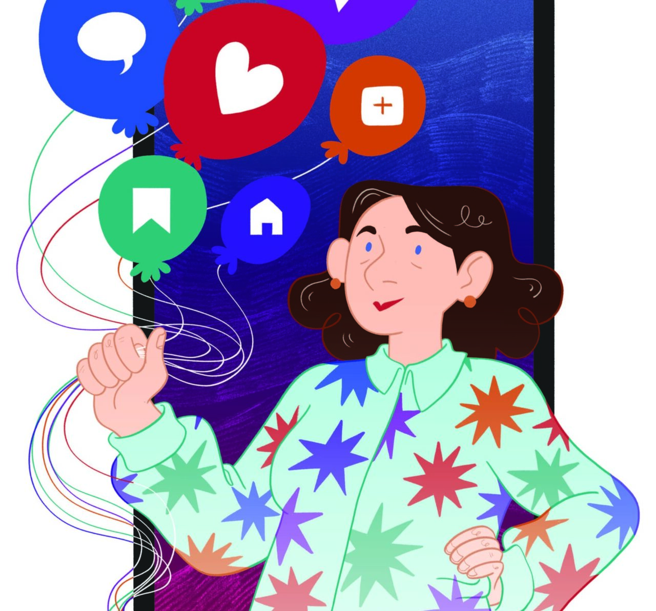 Illustration of a person standing in front of a giant smartphone screen, holding balloon strings with social media icons like a heart, speech bubble, bookmark and play symbol. The person is wearing a star-patterned shirt and looks confident. Darlun o berson yn sefyll o flaen sgrin fawr ffôn clyfar, yn dal llinynnau balŵn gyda symbolau cyfryngau cymdeithasol fel calon, swigen sgwrs, nod tudalen ac eicon chwarae. Mae’r person yn gwisgo crys gyda phatrwm sêr ac yn edrych yn hyderus.