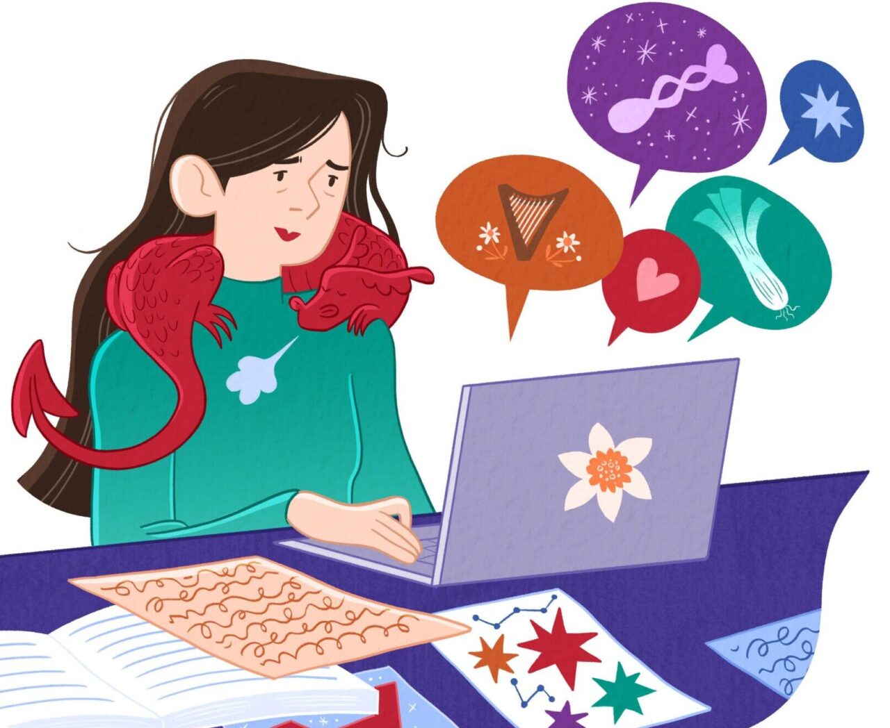 Illustration of a girl using a laptop with a daffodil sticker, surrounded by schoolwork and speech bubbles showing cultural and creative symbols. Two small red dragons sit on her shoulders as she works. Darlun o ferch yn defnyddio gliniadur gyda sticer cenhinen Bedr, wedi’i hamgylchynu gan waith ysgol a swigod sgwrs sy’n dangos symbolau diwylliannol a chreadigol. Mae dau ddraig goch fach yn eistedd ar ei hysgwyddau tra mae’n gweithio.