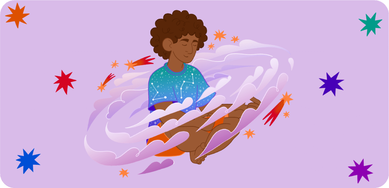 A child sits floating in the air with eyes closed, surrounded by soft cloud shapes and colourful shooting stars | Mae plentyn yn eistedd yn hofran yn yr awyr gyda’i lygaid ar gau, wedi’i amgylchynu gan siapiau cwmwl meddal a sêr gwib lliwgar.