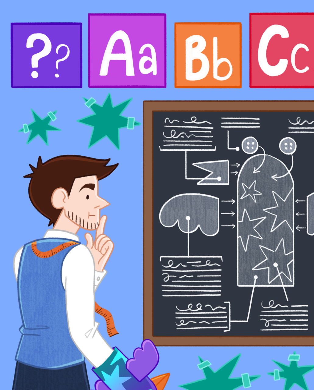 A man considers a design on a classroom blackboard. | Mae dyn yn pendroni dyluniad ar fwrdd du mewn dosbarth ysgol.