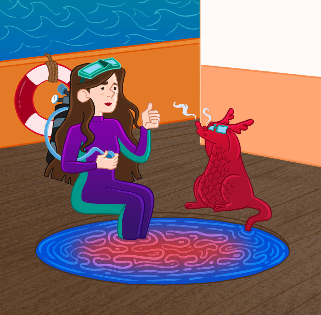 A woman and a dragon prepare to go deep sea diving. | Mae dynes a draig yn paratoi ddeifio o dan y môr.